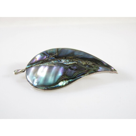 Vintage Mid Century Leaf Brooch Inlaid Abalone Sterling Silver Signed EGC Cuerna - Picture 2 of 7
